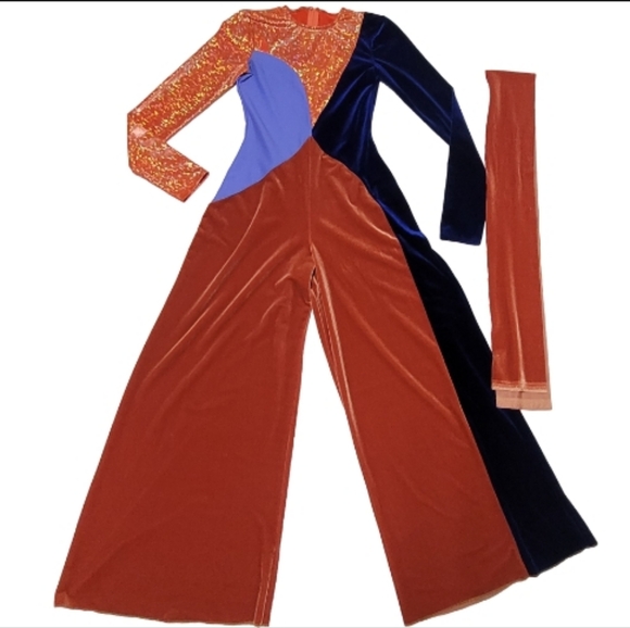 Clio 70s Vintage Patchwork Blue Burnt Orange Velvet Metallic Wide Leg Jumpsuit - Picture 2 of 10